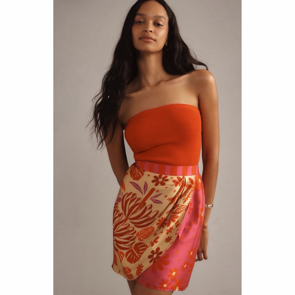 ANTHROPOLOGIE Farm Rio Red Floral Wrap Mini Skirt Tropical L NWT - Picture 6 of 6